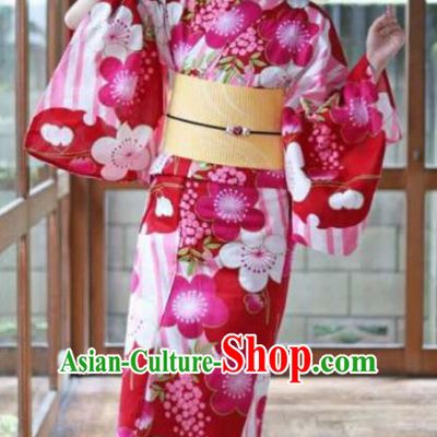 Japanese Traditional Printing Sakura Rosy Kimono Asian Japan Costume Geisha Yukata Dress for Women