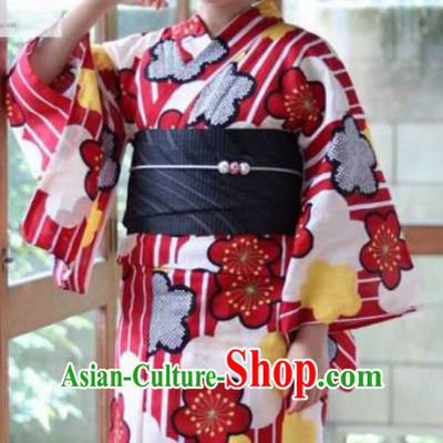 Japanese Traditional Printing Red Sakura Kimono Asian Japan Costume Geisha Yukata Dress for Women