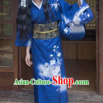 Traditional Japanese Classical Printing Flowers Royalblue Kimono Asian Japan Costume Geisha Yukata Dress for Women