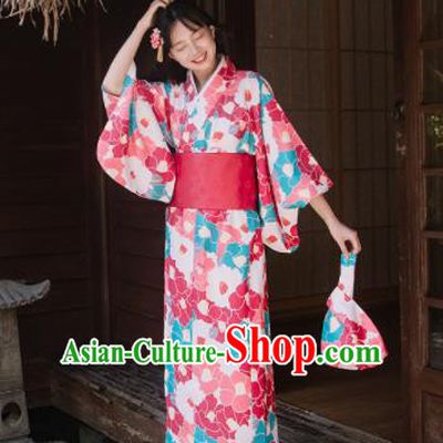 Traditional Japanese Classical Printing Camellia Rosy Kimono Asian Japan Costume Geisha Yukata Dress for Women