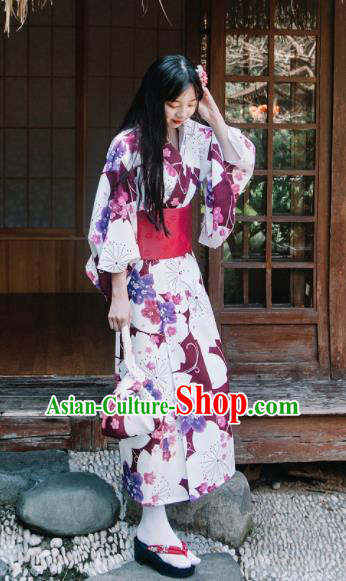 Traditional Japanese Classical Printing Sakura Wine Red Kimono Asian Japan Costume Geisha Yukata Dress for Women Traditional Japanese Classical Printing Sakura Wine Red Kimono Asian Japan Costume Geisha Yukata Dress for Women