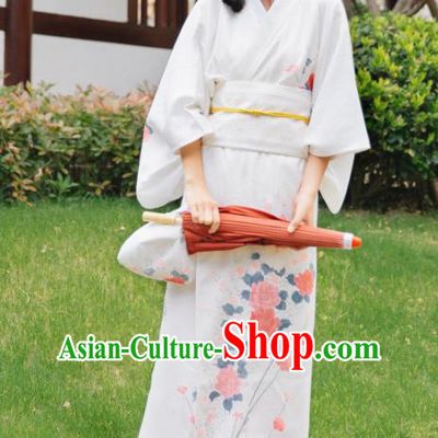 Traditional Japanese Classical Printing Peony White Kimono Asian Japan Costume Geisha Yukata Dress for Women