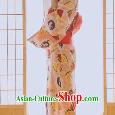 Traditional Japanese Classical Printing Watermelon Pink Kimono Asian Japan Costume Geisha Yukata Dress for Women