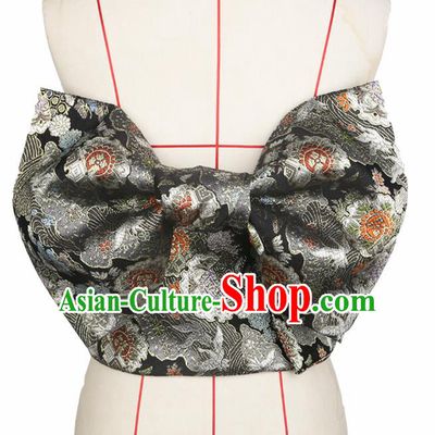 Japanese Traditional Black Brocade Bowknot Yukata Waistband Asian Japan Handmade Kimono Belts for Women