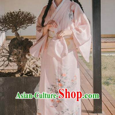 Traditional Japanese Classical Printing Orchid Pink Kimono Asian Japan Costume Geisha Yukata Dress for Women