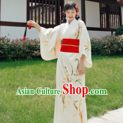 Traditional Japanese Classical Printing Orchid White Kimono Asian Japan Costume Geisha Yukata Dress for Women