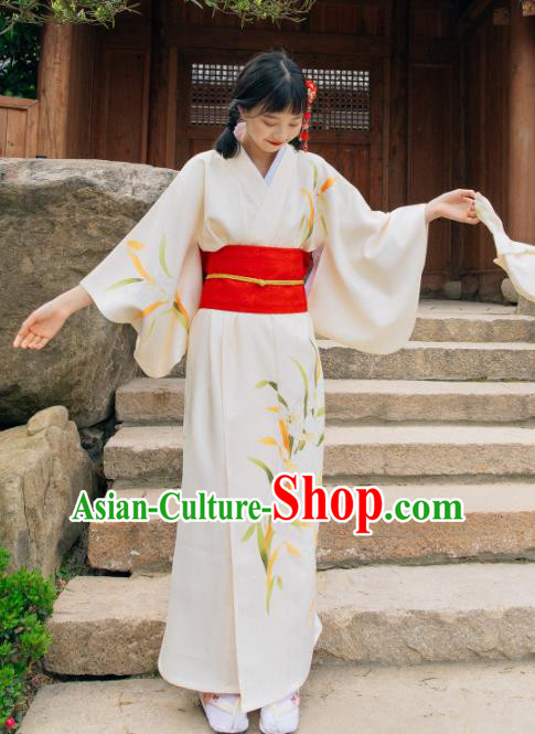 Traditional Japanese Classical Printing Orchid White Kimono Asian Japan Costume Geisha Yukata Dress for Women