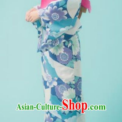 Japanese Classical Printing Dahlia Blue Kimono Asian Japan Traditional Costume Geisha Yukata Dress for Women