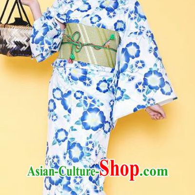 Japanese Classical Printing Blue Petunia Kimono Asian Japan Traditional Costume Geisha Yukata Dress for Women