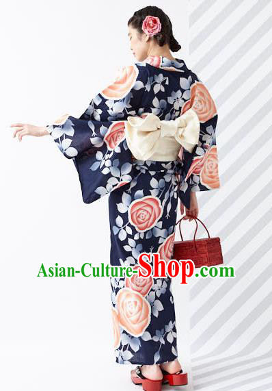 Japanese Classical Printing Roses Navy Kimono Asian Japan Traditional Costume Geisha Yukata Dress for Women Japanese Classical Printing Roses Navy Kimono Asian Japan Traditional Costume Geisha Yukata Dress for Women