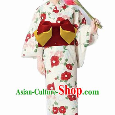 Japanese Classical Printing Camellia White Kimono Asian Japan Traditional Costume Geisha Yukata Dress for Women