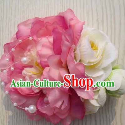 Japanese Traditional Geisha Kimono Hair Accessories Japan Yukata Pink Peony Hair Claw for Women
