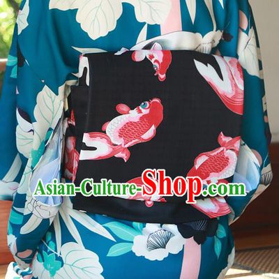 Japanese Traditional Printing Fishes Black Yukata Waistband Asian Japan Handmade Kimono Belts for Women