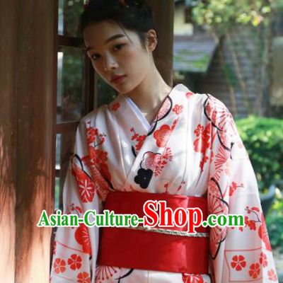 Japanese Classical Printing White Kimono Asian Japan Traditional Costume Geisha Yukata Dress for Women