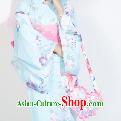 Japanese Classical Printing Flowers Light Blue Yukata Dress Asian Japan Traditional Costume Geisha Furisode Kimono for Women