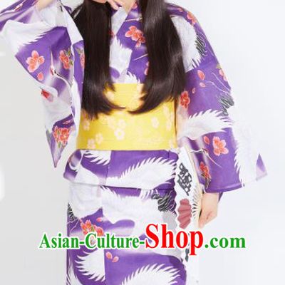 Japanese Classical Printing Cranes Purple Yukata Dress Asian Japan Traditional Costume Geisha Furisode Kimono for Women