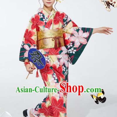 Japanese Classical Printing Lily Flowers Yukata Robe Asian Japan Traditional Costume Geisha Furisode Kimono Dress for Women