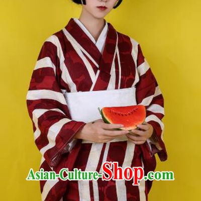 Japanese Classical Wine Red Kimono Asian Japan Traditional Costume Geisha Yukata Dress for Women