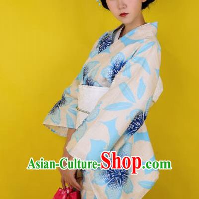 Japanese Classical Printing Blue Flowers Kimono Asian Japan Traditional Costume Geisha Yukata Dress for Women
