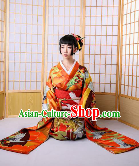 Japanese Classical Printing Cranes Red Furisode Kimono Asian Japan Traditional Costume Geisha Yukata Dress for Women