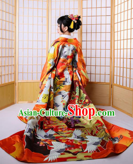 Japanese Classical Printing Cranes Red Furisode Kimono Asian Japan Traditional Costume Geisha Yukata Dress for Women