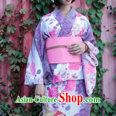 Japanese Classical Printing Peony Purple Furisode Kimono Asian Japan Traditional Costume Geisha Yukata Dress for Women
