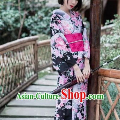 Japanese Classical Printing Peony Black Furisode Kimono Asian Japan Traditional Costume Geisha Yukata Dress for Women