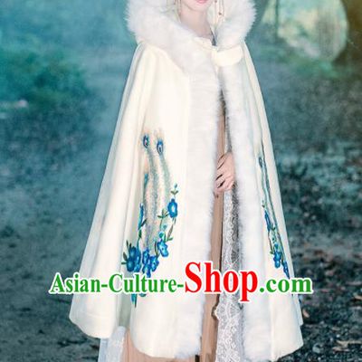 Ancient Chinese Ming Dynasty Historical Costume Traditional Palace Princess Embroidered Peony White Cloak for Women