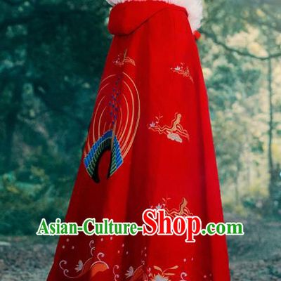Ancient Chinese Ming Dynasty Historical Costume Traditional Palace Princess Embroidered Red Cloak for Women