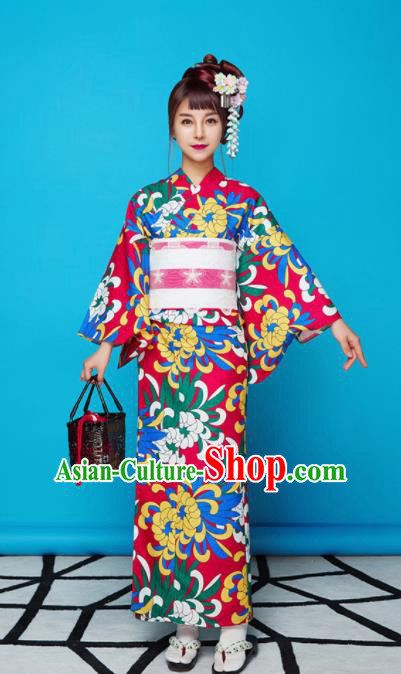 Japanese Classical Printing Chrysanthemum Red Yukata Robe Asian Japan Traditional Costume Geisha Furisode Kimono Dress for Women Japanese Classical Printing Chrysanthemum Red Yukata Robe Asian Japan Traditional Costume Geisha Furisode Kimono Dress for Women