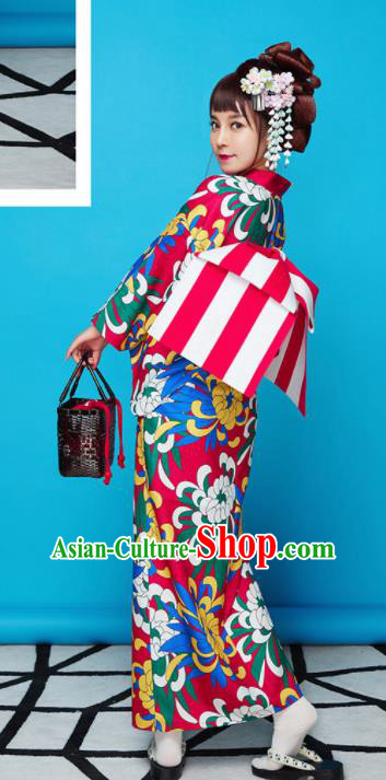 Japanese Classical Printing Chrysanthemum Red Yukata Robe Asian Japan Traditional Costume Geisha Furisode Kimono Dress for Women Japanese Classical Printing Chrysanthemum Red Yukata Robe Asian Japan Traditional Costume Geisha Furisode Kimono Dress for Women