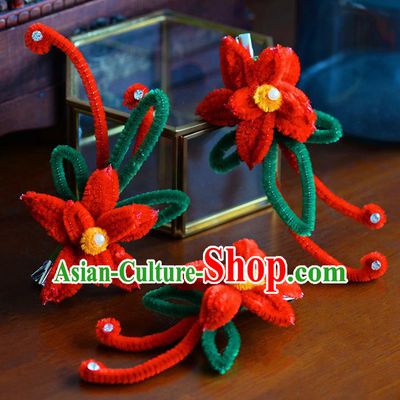 Traditional Chinese Ancient Palace Red Velvet Flower Hair Claws Hairpins Handmade Wedding Hair Accessories for Women