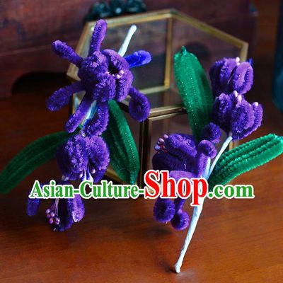 Traditional Chinese Ancient Palace Purple Velvet Flowers Hair Clip Hairpins Handmade Wedding Hair Accessories for Women