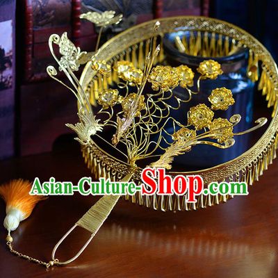 Traditional Chinese Ancient Golden Tassel Palace Fans Handmade Wedding Accessories Fans for Women
