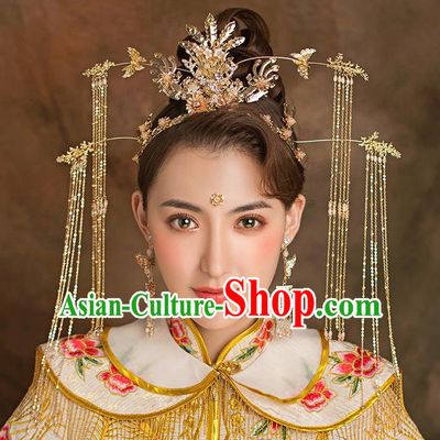 Traditional Chinese Handmade Wedding Hair Accessories Ancient Bride Golden Phoenix Coronet Tassel Hairpins for Women