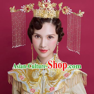Traditional Chinese Ancient Bride Phoenix Coronet Tassel Hairpins Handmade Wedding Hair Accessories for Women