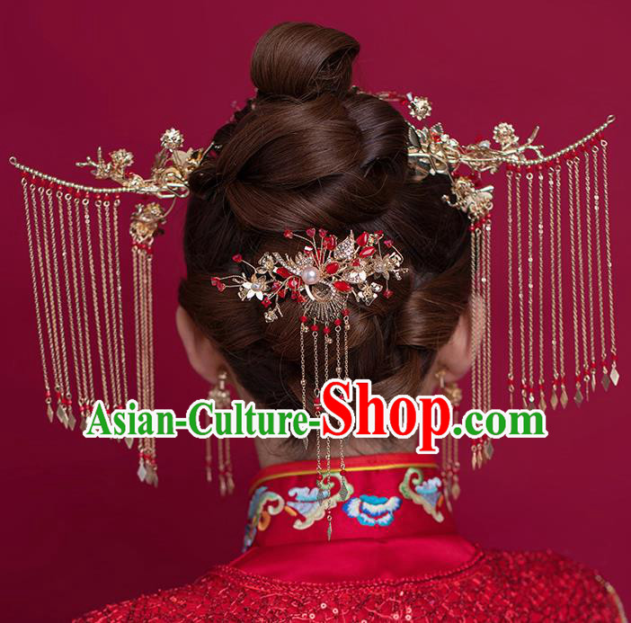 Traditional Chinese Ancient Bride Tassel Hairpins Step Shake Handmade Wedding Hair Accessories for Women