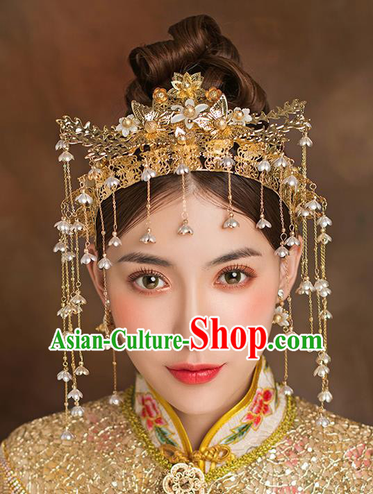 Traditional Chinese Ancient Bride Tassel Hairpins Golden Phoenix Coronet Handmade Wedding Hair Accessories for Women