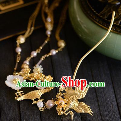 Traditional Chinese Ancient Bride Golden Crane Tassel Hairpins Handmade Wedding Hair Accessories for Women