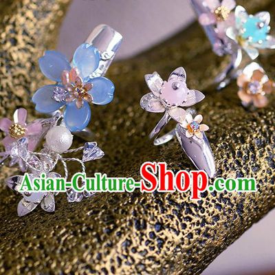 Traditional Chinese Ancient Palace Blue Flower Nail Wrap Handmade Wedding Fingernail Accessories for Women