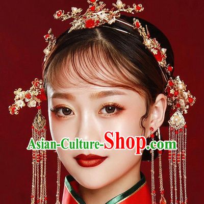 Traditional Chinese Ancient Bride Tassel Hairpins Red Agate Hair Crown Handmade Wedding Hair Accessories for Women