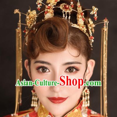 Traditional Chinese Ancient Tassel Phoenix Coronet Bride Hairpins Handmade Wedding Hair Accessories for Women
