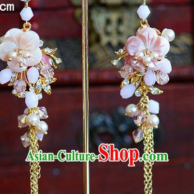 Traditional Chinese Ancient Palace Hanfu Pink Flowers Tassel Earrings Handmade Wedding Ear Accessories for Women