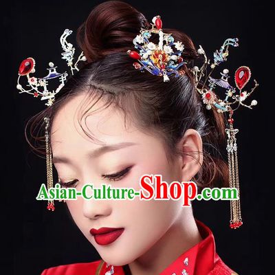 Traditional Chinese Ancient Cloisonne Phoenix Hair Crown Bride Hairpins Handmade Wedding Hair Accessories for Women