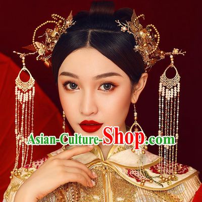 Traditional Chinese Ancient Hanfu Golden Tassel Hair Clasp Bride Hairpins Handmade Wedding Hair Accessories for Women