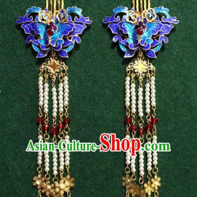 Traditional Chinese Ancient Palace Cloisonne Butterfly Hair Comb Tassel Hairpins Handmade Wedding Hair Accessories for Women