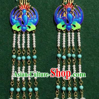 Traditional Chinese Ancient Palace Cloisonne Phoenix Hair Comb Tassel Hairpins Handmade Wedding Hair Accessories for Women