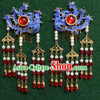 Traditional Chinese Ancient Palace Cloisonne Phoenix Agate Hair Comb Tassel Hairpins Handmade Wedding Hair Accessories for Women