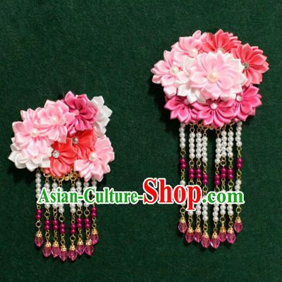 Traditional Chinese Ancient Tang Dynasty Palace Pink Flowers Hair Claw Beads Tassel Hairpins Handmade Wedding Hair Accessories for Women