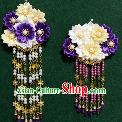 Traditional Chinese Ancient Tang Dynasty Palace Purple Flowers Hair Claw Tassel Hairpins Handmade Wedding Hair Accessories for Women